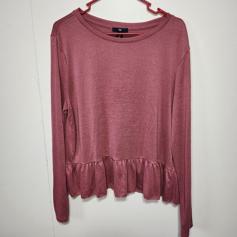 Gap Ribbed Peplum Babydoll Top XL Maroon Wine Long Sleeve Stretch Knit